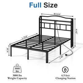 HAVONIZD Full Size Bed Frame - Storage Headboard with Charging Station, 14 Inch Sturdy Metal Platform Bed Frame No Box Spring Needed, Easy Assembly, No Noise, Black