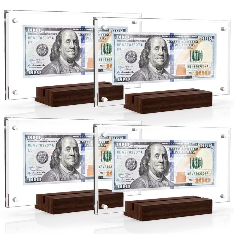 Dollar Bill Frame Display Holder with Black Walnut Base Clear