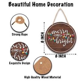 Merry & Bright Christmas Welcome Sign for Front Door Decor, 8" Round Wood Sign Hanging Plaques, Christmas Home Room Wall Art Party Decorations Supplies -A14