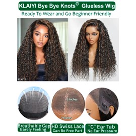 KLAIYI Golden Brown Water Wave Bye Bye Knots Glueless Wig Human Hair Highlight 7x5 Precut Lace Front Pre Plucked Bleached Ombre 3S Ready to Wear Go Beginners Wig with Dark Roots Deep Curly Wave 20Inch