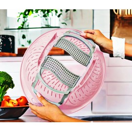 Collapsible Colander Salad Plastic Basket with Handle Food Strainer Vegetable Sieve & Container Draining Pasta Fruits Silicone Stretcher Multifunctional Kitchen Mesh BPA Free Dishwasher Safe (Pink)