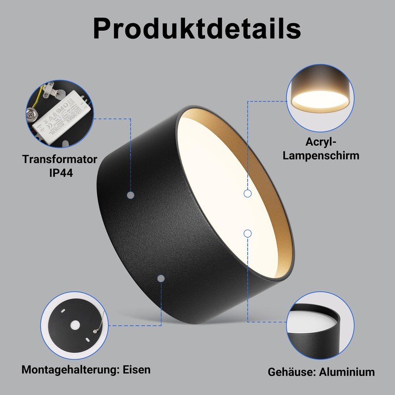 Klighten LED 18 W surface-mounted spotlight, round ceiling spotlights, surface-mounted
