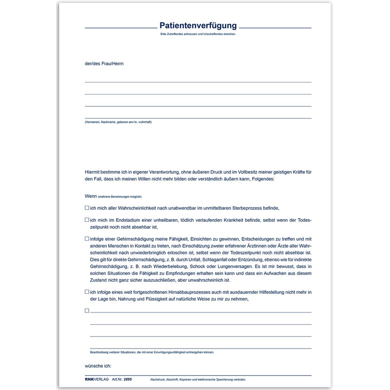 RNK 2895 Patient's Will Documents C5 with Registration Form for