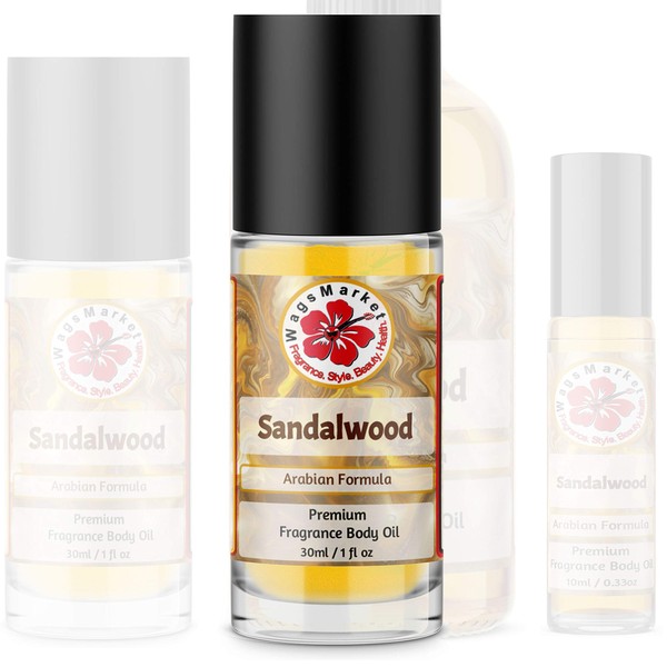 WagsMarket -Sandalwood Perfume Oil, Choose from 0.33oz Roll On to 4oz Glass Bottle (1oz Roll On Bottle)