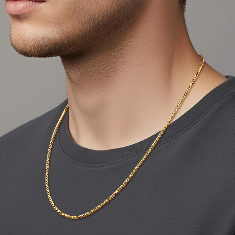 Fiusem 14K Gold Plated Wheat Chain Necklace for Men, 3mm