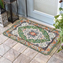 Retro Green Flowers Pattern Front Door Mat Outside Entrance, Non-Slip Absorbent Welcome Floor Mats, Indoor Outdoor Doormat for Entryway Patio Porch, Home Decor, 16x24in, Boho Ethnic Style