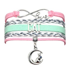 HHHbeauty Infinity Love Cat Bracelet - Jewelry for Cat Lovers, BFF, and Owners - Kitten Themed Gift (Pink Silver and Mint Green)