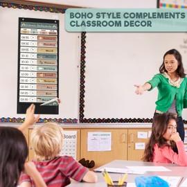 Daily Schedule Pocket Chart for Kids Management, 13+1 Pockets with 30 Cards Black Visual Time Reusable Dry-Eraser Schedule, Teacher Supplies for Boho Classroom Homeschool Decor