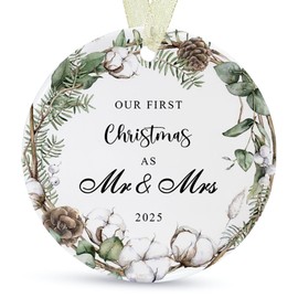 First Christmas as Mr and Mrs Ornament 2025,1st Year Wedding Ornament for Newlywed,Our First Married Christmas Ornament,Ceramic Hanging Decoration for Couples Just Married with Gift Box&Ribbon 2.9"
