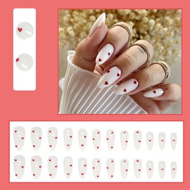 24 Pcs Valentine’s Day Press on Nails Medium Almond Fake Nails with Heart Designs Nude White False Nails Acrylic Nails Press ons Cute Winter Glue on Nails Glossy Full Cover Stick on Nails for Women