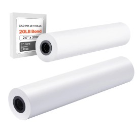 24 in X 300 ft Wide Format Paper 2 Rolls CAD Bond Rolls with 2 in Core 20 LB Master Rolls for Plotter Dr"Roll Length: 300 ft, Number of Paper Rolls: 2 Rolls