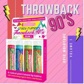 Crazy Rumors Throwback 90's Lip Balm mix set. Natural and Vegan lip balm sticks in nostaligic1990's themed flavours! (Cucumber Melon, Blue Razzberry, Kiwi Strawberry, Orange Pop!)