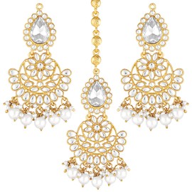 Aheli Elegant Indian Traditional Wedding Kundan Pearl Maang Tikka with Earrings Set Gift for Women Bollywood Party Jewelry White