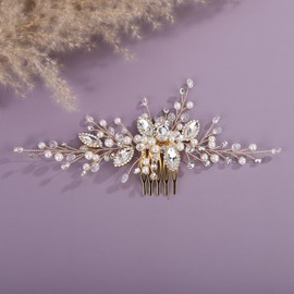 Teyglen Gold Wedding Rhinestone Hair Comb with Pearl Crystal Hair Side Comb Bridal Headpiece Party Prom Head Piece Hair Accessories for Women Bridesmaid(Gold)