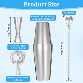 Professional Cocktail Shaker, Professional 5-Piece Bartender Kit with Boston Shaker, Hawthorne Strainer, Double Measuring Cocktail Jigger, and 10-inch Mixing Spoon, Stainless Steel Martini Shakers