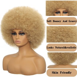 MYCNIMY Afro Wigs for Black Women 70s Afro Curly Wigs Soft Natural Looking Fluff and Bouncy Black Afro Wigs Synthetic Hair Big Afro Wig for Daily Party Cosplay Costume(Blonde)
