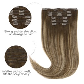 HOTBANANA Clip in Hair Extensions Real Human Hair, 145g 7pcs 22 inch Chocolate Brown with Honey Blonde Clip in Human Hair Extensions Straight Remy Hair Extensions Full Head
