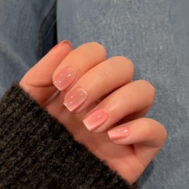 SXVME Coral Pink Cat Eye Press on Nails Short, 30 Pcs Summer False Nails Square, Sparkly Glass Fake Nails Press on Short, Reusable Chrome Peach Orange Soft Gel Glue on Nails for Women