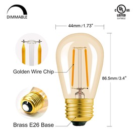 Hizashi S14 Replacement LED Bulbs, 2W=25W Outdoor Edison Bulbs Dimmable E26 Base, Amber 2200K, Shatterproof Waterproof, UL Listed, 6 Pack