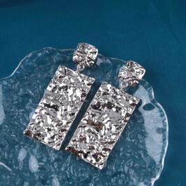 Allereya Vintage Geometric Square Earrings Large Hammered Square Dangle Earrings Silver Rectangle Earrings Instructions Square Drop Earrings Jewellery for Women and Girls (Silver)