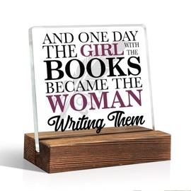 THEBESTU And One Day The Girl with The Books Became Acrylic Sign with Wooden Stand, Inspirational Literary Gifts for Woman Writers, Quote Office Desk Plaque for Authors Novelist, Writing Day Gifts