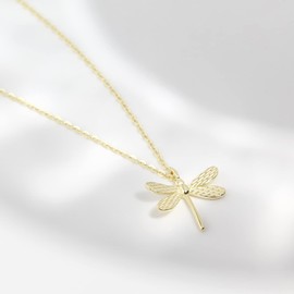 Halskette mit Libellen-Anhänger, Sterlingsilber, für Frauen, zierliche Gold-Roségold-Plissee-Halskette, Schmuck-Geschenk (Gold)