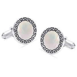 LeCalla 925 Sterling Silver Cufflinks for Men | Mother of Pearl & Enamel Disc Cufflinks with Greek Key Frame | Cuff-Links Jewelry Gifts for Son, Father, Husband, Boyfriend