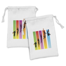 Lunarable Sports Fabric Pouch Set of 2, Basketball Slam Dunk Image Sequence of Actions Professional Player Game Match Moves, Small Drawstring Bag for Toiletries Masks and Favors, 9" x 6", Multicolor