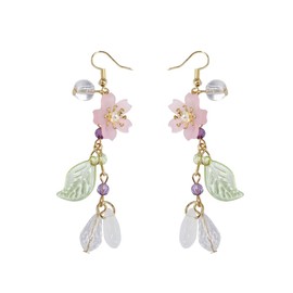 Dainty Pink Flower Pearl Leaf Long Dangle Drop Earrings for Women Cute Gold Plated Sakura Flower Statement Tassel Dangling Earrings Hypoallergenic Lightweight Seaside Summer Holiday Fashion Jewelry Gift