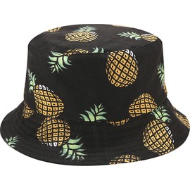 Joylife Unique Pineapple Pattern Bucket Hat Unisex Fruit Print Fisherman Cap Summer Packable Reversible Sun Hat, Black