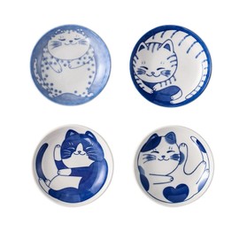 Pokinge 4Pcs Cute Cat Soy Sauce Dish,Japanese-style Ceramic Plates Cartoon Lucky Cat Pattern Seasoning Plates Appetizer Dessert Sushi Sauce Dishes for Kitchen
