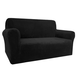 Granbest Luxury Thick Velvet Sofa Cover 2 Seater High Stretch Couch Cover Ski-friendly 4 Seasons Universal Sofa Protector for Pets and Kids (2 Seater, Black)