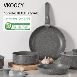 Vkoocy Gray Non Stick Pot and Pan Set with Removable Handle, Ceramic Cookware Set Detachable Handle, 5pcs Induction Kitchen Camping Stackable Pots Pans, Dishwasher/Oven Safe, PTFE/PFAS/PFOA Free
