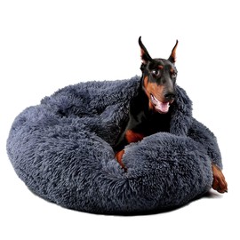 Himax Dog Beds for Large Dogs, Donut Dogs Beds with Blanket Attached, Calming Dog Bed Washable (20"/26"/35") Beige
