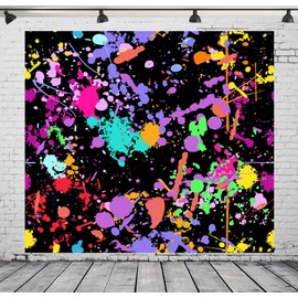 Loccor Fabric 5x5ft Neon Glow in The Dark Backdrop Colorful Graffiti Splash Paint Black Light Sleepover Party Photography Background Slime Happy Birthday Decorations for Kids Photo Shoot Props