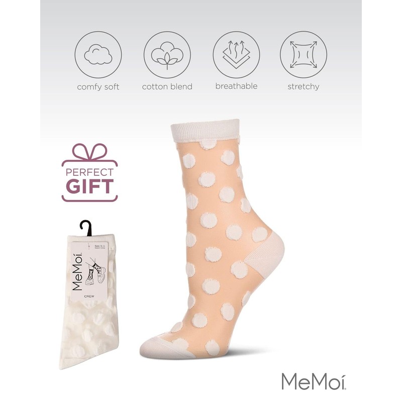 MeMoi Women's Polka Dot Sheer Crew Socks Winter White 9-11