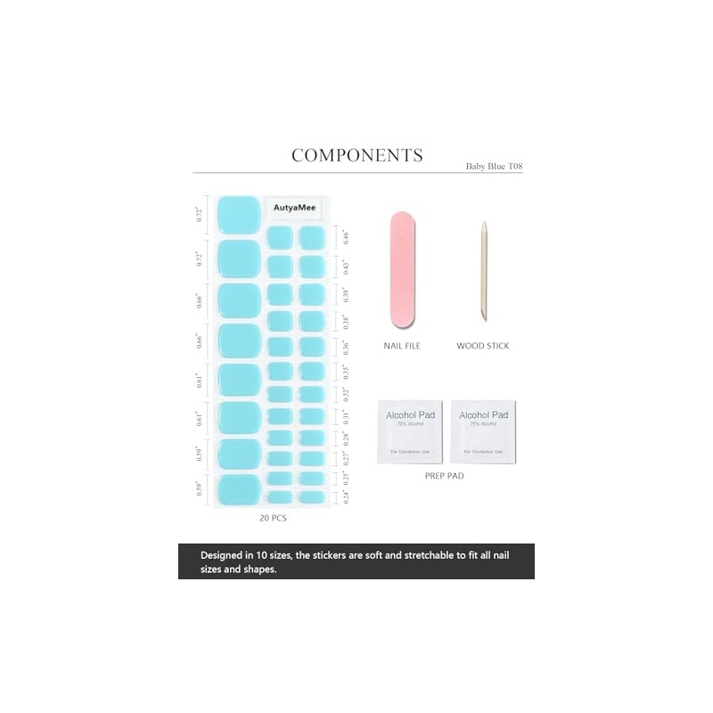 AutyaMee Semi Cured Gel Toenail Strips (Baby Blue T08), 32