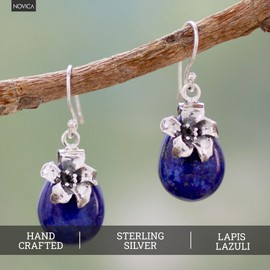 NOVICA Artisan Handmade Lapis Lazuli Pendant Earrings | Handcrafted Crystal Dangle Earrings | .925 Sterling Silver Floral Earrings | Crafted by Hand Artisan Pendant Earrings | Royal Blue Reflecting