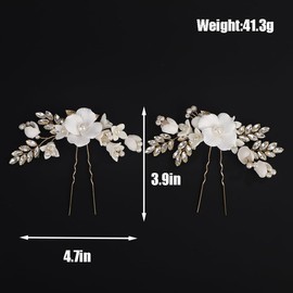 BERYUAN White Flower Leaf Rhinestone Pearls Hair Pins Silver Gold Rose Gold Wedding Hair Pins Crystal Rhinestone Pearls Bridal Headpiece for Wedding Women Girls(2pcs) (gold)