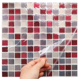 Yoillione Pink Tile Sticker for Rent, Heat Resistant, Waterproof, Tile, 3D Sticker, Easy Installation, Mosaic Tile Sticker, Kitchen, Washroom, Toilet, Scandinavia, DIY Stickers, Wallpaper Stickers, Red, 4 Pieces, Color 15