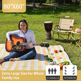 HX&OD Outdoor Picnic Blanket Extra Large, 80''*60'' Waterproof Picnic Mat with Stakes Foldable Camping Blanket Portable with Carry Strap for Beach Mat (Yellow& White, 80''*60'')