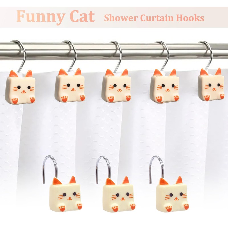Cat Shower Curtain Hooks, Funny Animal Shower Curtain Hooks Rings