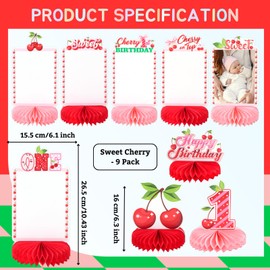 9pcs Cherry On Top Photo Honeycomb Centerpieces Sweet One First Birthday Party Table Decorations Cherry 1st Birthday Tabletop Centerpieces for Baby Shower Cherry One Year Table Topper Sign Decorations