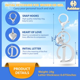 ANHBKAR A-Z Silver Heart Initial Letter Keychain, Stainless Steel Alphabet Charm for Handbags, Gift for Women and Girls (D Silver 02)