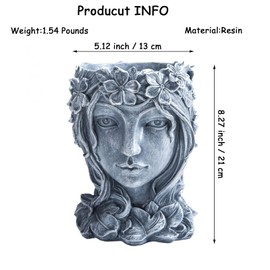 Happy L Face Flower Pot Head Face Planter, Goddess Succulent Pot Cute Resin Planter with Drainage Hole for Indoor Outdoor Plants (A-Grey)