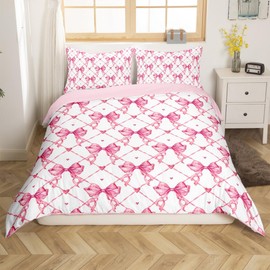 Homemissing Bow Bedding Set Single Size Girls Bow Bedding Duvet Cover Set For Boys Teens Decor Cute Bowknot Comforter Cover Set Kawaii Pink Bedspread Cover Bedroom Quilt Cover 2Pcs