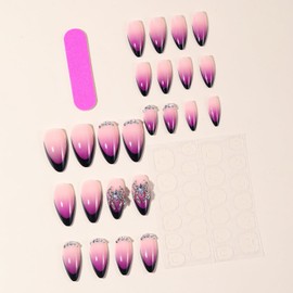 CJDLTS Purple Gradient Press on Nails Amond Shaped Spider Rhinestones 3D Design Acrylic Fake Nail Black French Tip Press Ons Artificial Fingernails Full Cover Almond Stick on Nails for Women 24Pcs