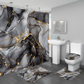 BayNook 4PCS Black Grey Marble Bathroom Sets with Shower Curtain and Rugs, Abstract Shower Curtain Sets with Rugs, Modern Bathroom Curtains Shower Set Accessories with Toilet Lid Cover