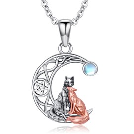 Flpruy 2 Fox Necklace 925 Sterling Silver Fox Moonstone Pendant Celtic Knot with Pentagram Pendant Fox Jewelry Gifts for Women