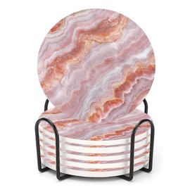 ubcindy Elegant Pink Rose Gold Ripple Marble Coasters for Drinks Set of 6, Round Absorbent Ceramic Stone Coaster with Metal Holder and Cork Base for Coffee Table Parties Kitchen Bar Home Decor Gifts